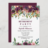 フローラピンクとブルゴーニュの退職パーティー 招待状 (正面/裏面)
