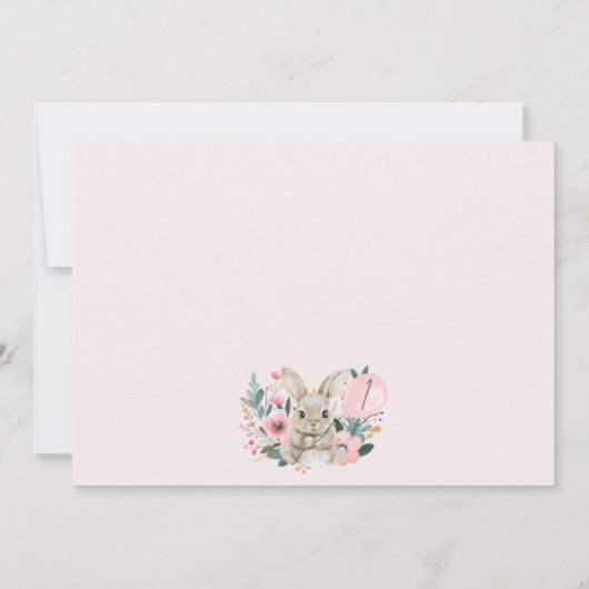 フローラピンクと写真いくつかのバニー1歳の誕生日 招待状 (裏面)