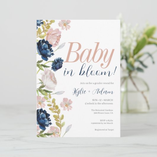 フローラピンクと海軍のジェンダーが赤ちゃんシャワーを明かす 招待状 (スタンド正面)