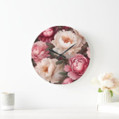 フローラピンクと白の牡丹 ラージ壁時計 (ホーム)
