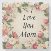 フローラピンクと白の花"私はあなたを愛している母" ストーンコースター (正面)