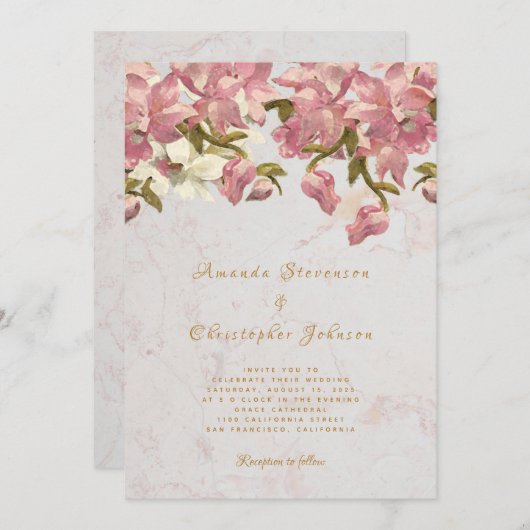 フローラピンクと白オーキッドマーブルスクリプ結婚ト 招待状 (正面/裏面)