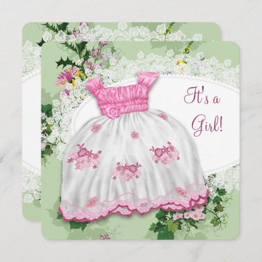 フローラピンクと緑の赤ちゃんシャワー 招待状 (正面/裏面)