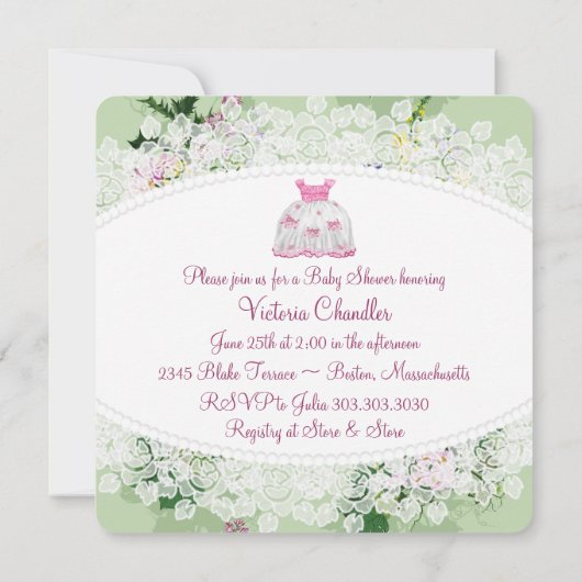 フローラピンクと緑の赤ちゃんシャワー 招待状 (裏面)