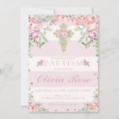 フローラピンクと金ゴールドの女性へのバプテスマの招待 招待状 (正面)