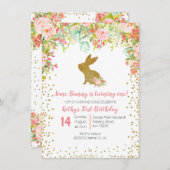 フローラピンクと金ゴールドバニー誕生日フローラ 招待状 (正面/裏面)