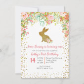 フローラピンクと金ゴールドバニー誕生日フローラ 招待状 (正面)