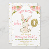 フローラピンクと金ゴールドバニー1歳の誕生日 招待状 (正面/裏面)