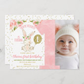 フローラピンクと金ゴールドフォトバニーの誕生日 招待状 (正面/裏面)