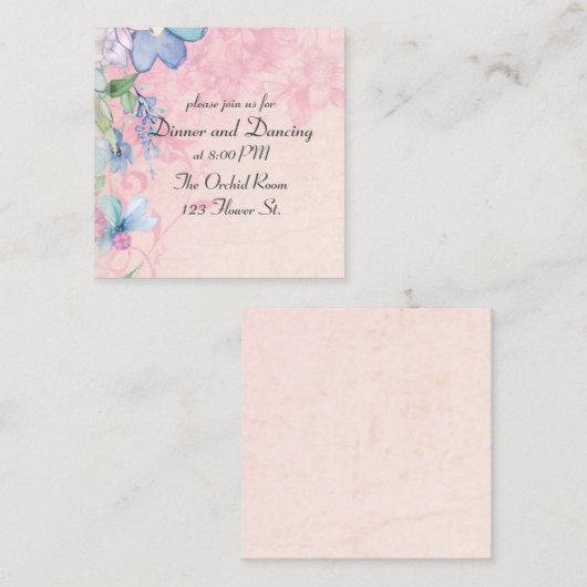 フローラピンクと青の水色の花の披露宴 エンクロージャーカード (正面/裏面)