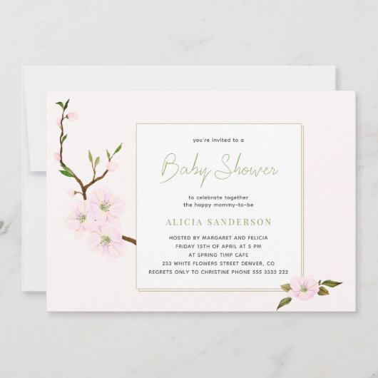 フローラピンクのさくらんぼ花女の赤ちゃんシャワー 招待状 (正面)