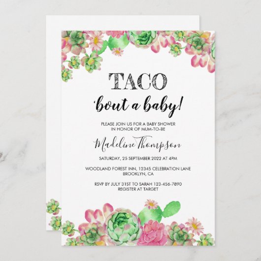 フローラピンクのサボタコス'赤ちゃんのシャワーを取る 招待状 (正面/裏面)
