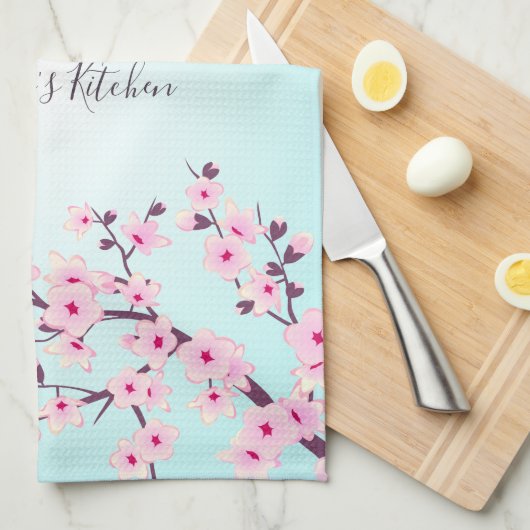 フローラピンクのターコイズさくらんぼの花々のパーソナライズ キッチンタオル (四つ折り)