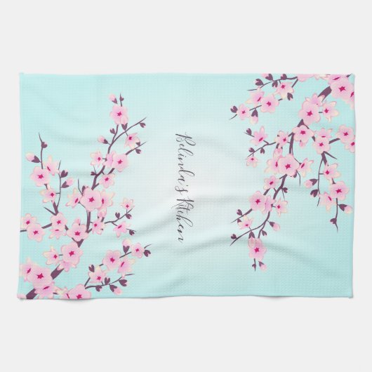 フローラピンクのターコイズさくらんぼの花々のパーソナライズ キッチンタオル (横)