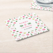 フローラピンクのバラと結婚葉 スクエアペーパーコースター (アングル)