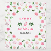 フローラピンクのバラと結婚葉 ワインラベル (シングルラベル)