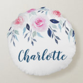 フローラピンクのバラの水の色パーソナライズされた名 ラウンドクッション (裏面)