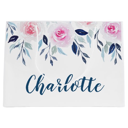 フローラピンクのバラの水の色パーソナライズされた名 ラージペーパーバッグ (正面)