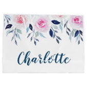 フローラピンクのバラの水の色パーソナライズされた名 ラージペーパーバッグ (裏面)
