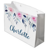 フローラピンクのバラの水の色パーソナライズされた名 ラージペーパーバッグ (裏面アングル)
