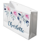 フローラピンクのバラの水の色パーソナライズされた名 ラージペーパーバッグ (正面アングル)