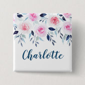 フローラピンクのバラの水の色パーソナライズされた名 缶バッジ (正面)
