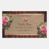 フローラピンクのバラ製品ラベル茶色の木目 長方形シール (正面)