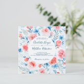 フローラピンクのバラ青い花水色結婚の 招待状 (スタンド正面)