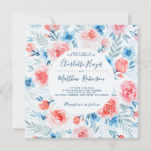 フローラピンクのバラ青い花水色結婚の 招待状 (正面)