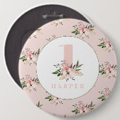 フローラピンクの年齢ボパーソナライズされたタン 缶バッジ (正面&裏面)