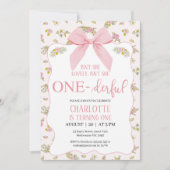 フローラピンクの弓は彼女はOnederful 1歳の誕生日ではない 招待状 (正面)