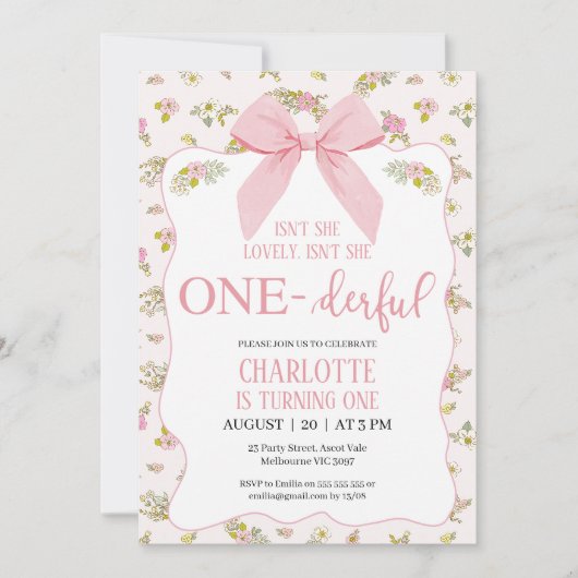 フローラピンクの弓は彼女はOnederful 1歳の誕生日ではない 招待状 (正面)
