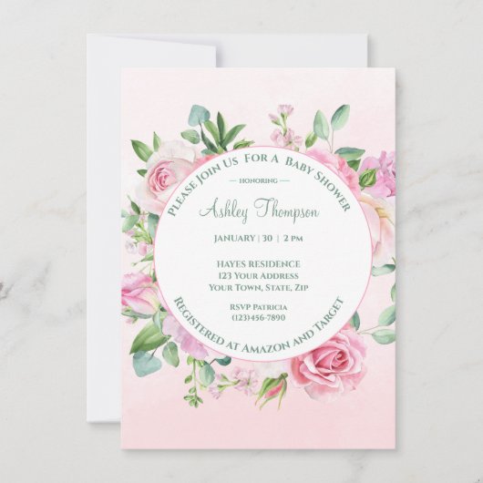 フローラピンクの水の色の女の子の赤ちゃんシャワー 招待状 (正面)