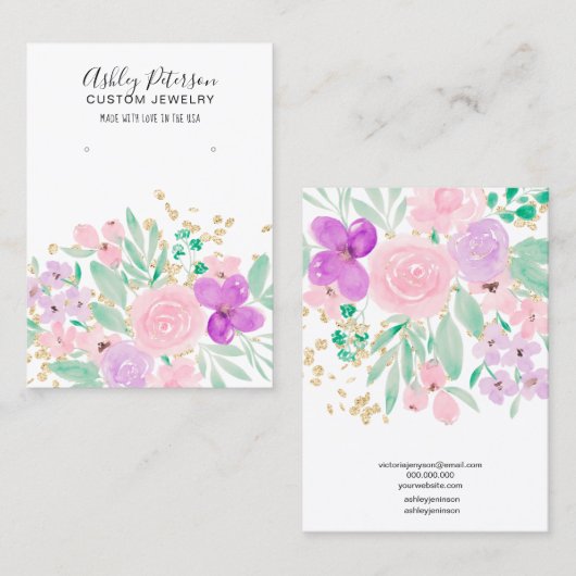 フローラピンクの水彩ジュエリーイヤリングディスプレイ 名刺 (正面/裏面)