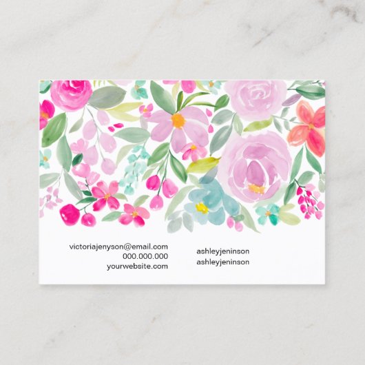 フローラピンクの水彩ヘアクリップバレットディスプレイ 名刺 (裏面)