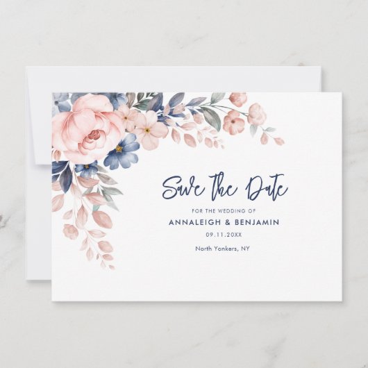 フローラピンクの水彩結婚式の日付を保存 (正面)