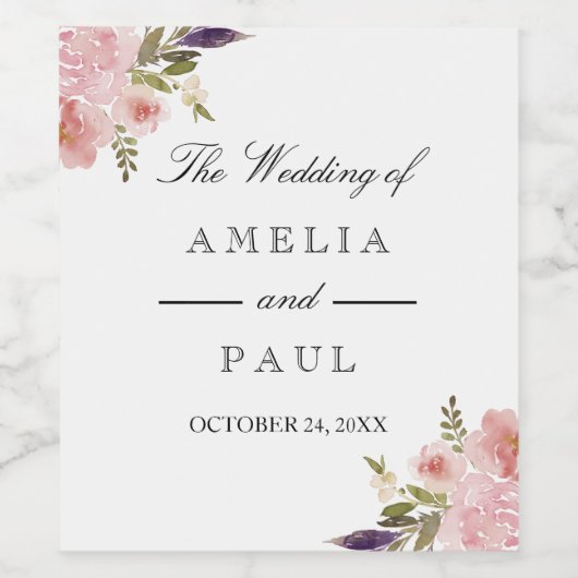 フローラピンクの水色の牡丹結婚のワインラベル ワインラベル (シングルラベル)