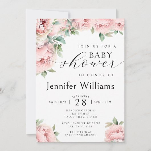 フローラピンクの牡丹の女の子のシャワーの招待 招待状 (正面)