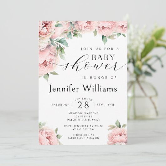 フローラピンクの牡丹の女の子のシャワーの招待 招待状 (スタンド正面)