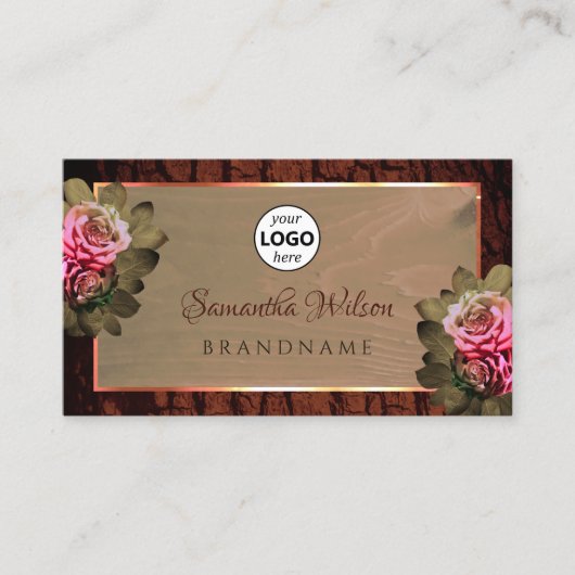 フローラピンクの素朴バラの木の樹皮の木目のロゴ 名刺 (正面)