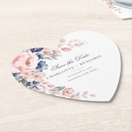 フローラピンクの緑のスクリプト日付の結婚保存 ペーパーコースター (アングル)