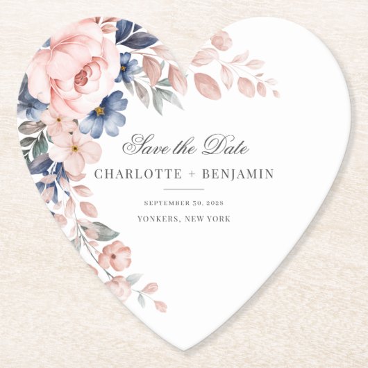 フローラピンクの緑のスクリプト日付の結婚保存 ペーパーコースター (正面)