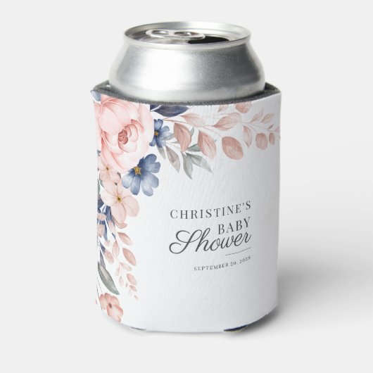 フローラピンクの緑の水の色のスクリプト赤ちゃんシャワー 缶クーラー (缶裏面)