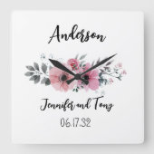 フローラピンクの花とバラ結婚の贈り物 スクエア壁時計 (正面)