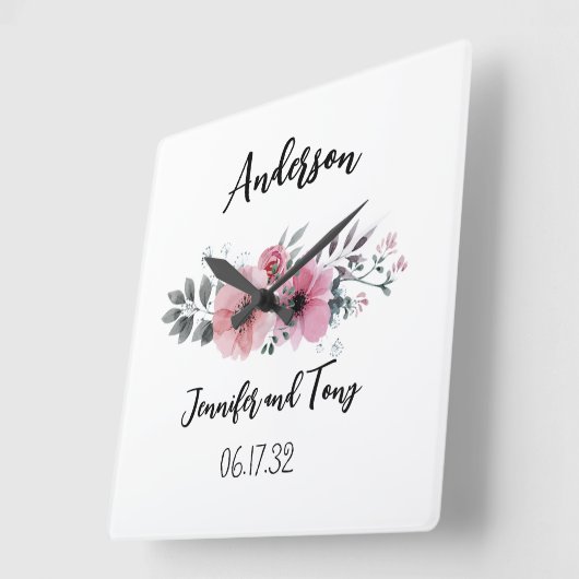 フローラピンクの花とバラ結婚の贈り物 スクエア壁時計 (傾斜)
