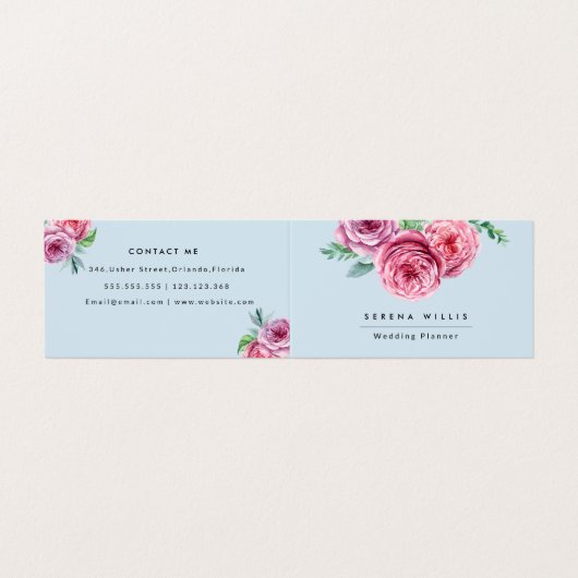 フローラピンクの花エレガント青 名刺 (外部フラット)
