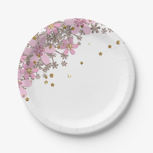 フローラピンクの花ゴールデン水玉模様グリッターシン ペーパープレート (正面)