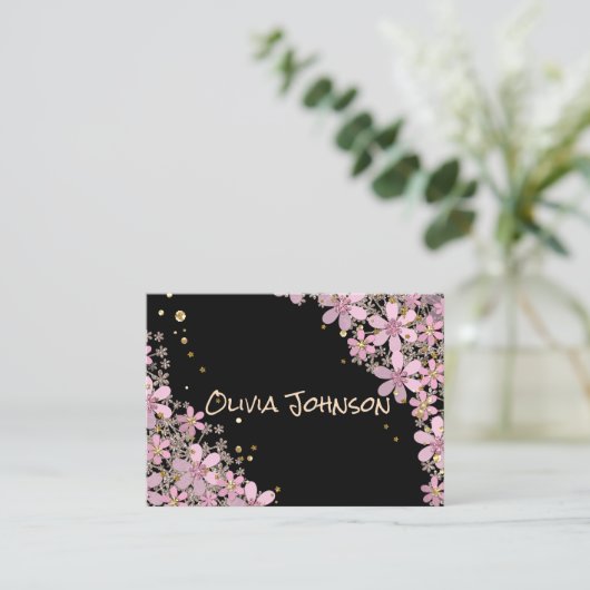 フローラピンクの花ゴールデン水玉模様グリッターシン 名刺 (スタンド正面)