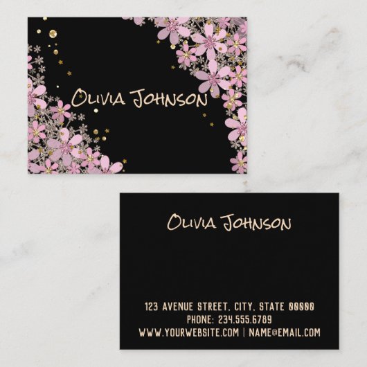 フローラピンクの花ゴールデン水玉模様グリッターシン 名刺 (正面/裏面)