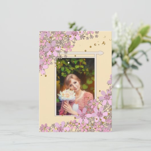 フローラピンクの花ゴールデン水玉模様グリッターシン 招待状 (スタンド正面)